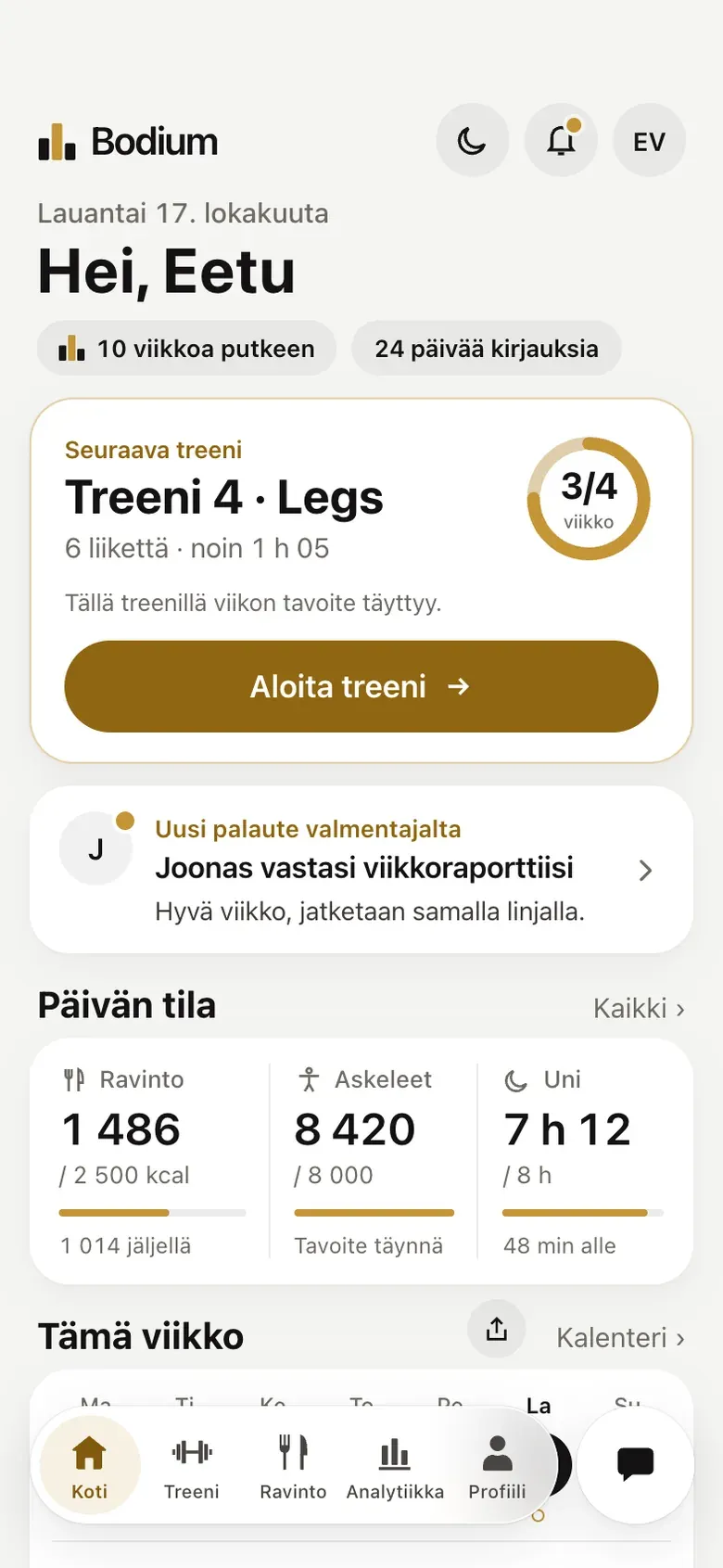 Bodium app Home view in the light theme.