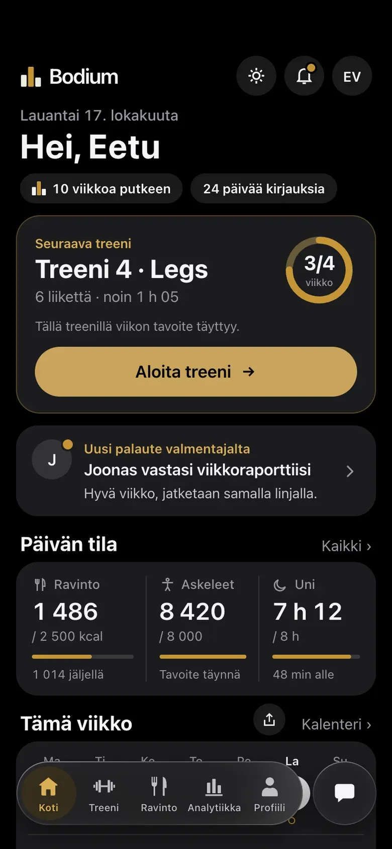 Bodium app Home view in the dark theme.
