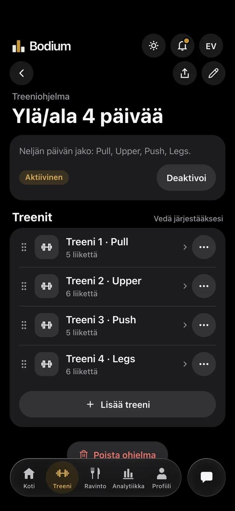 Bodium app training program: a four-day split with the workouts Pull, Upper, Push and Legs and their exercise counts.