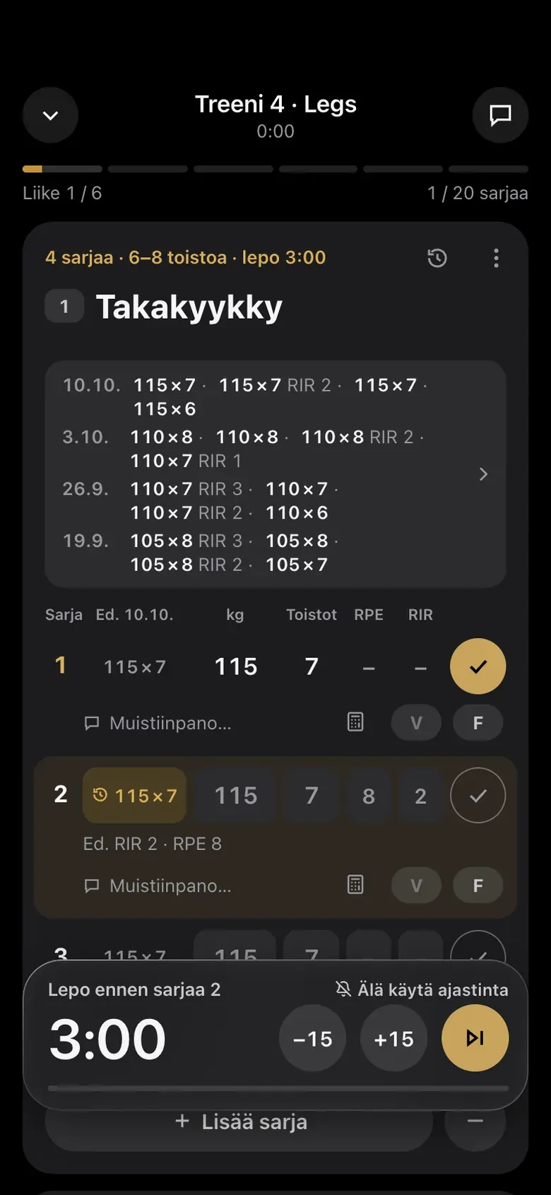 Bodium app workout screen: back squat sets with weight and reps, RPE and RIR, and a rest timer.